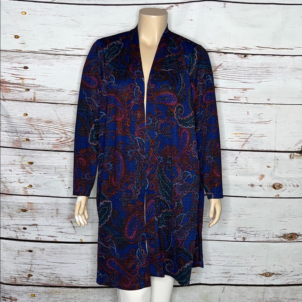Susan Graver Size 3X Blue - Paisley Print Open Front Duster Cardigan Jacket